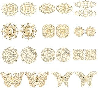 PandaHall 66pcs 11 Styles Gold Filigree Joiners Connector Charm Pendants Metal Filigree Embellishments Brass Links for DIY Hairpin Headwear Earring Jewellery Making