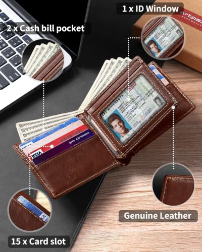 Image of Artpaxy Mens Wallet Bifold Genuine Leather RFID Blocking Wallet for Men with 1 ID Window 15 Card Holders 2 cash pockets 1 Gift Box