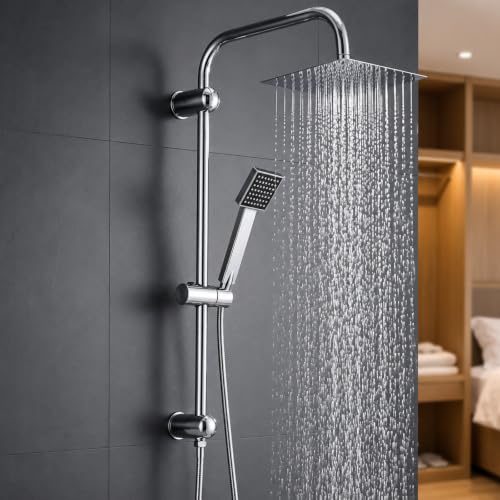 Trintion Regendusche Duschsystem 20 * 20cm Duschsets Duschstangen Duschmischer mit zwei Köpfen Verstellbare Kopfbrausen Duschköpfe Handbrausen-Sets mit Schlauch und Stange (Quadrat, Silber)