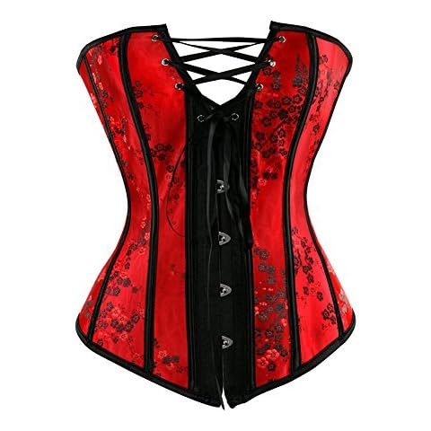 Red Corsets for Women Plus Size Women's Red Oriental Lace Floral Overbust Corset, Red, XXXXL Cover