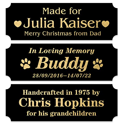 Image of Personalized Name Plates, Black Engraved Plaque with Gold Text, Trophy Plates Engraved, Custom Name Plate with Adhesive Backing or Screws, 6 inch W x 2 inch H