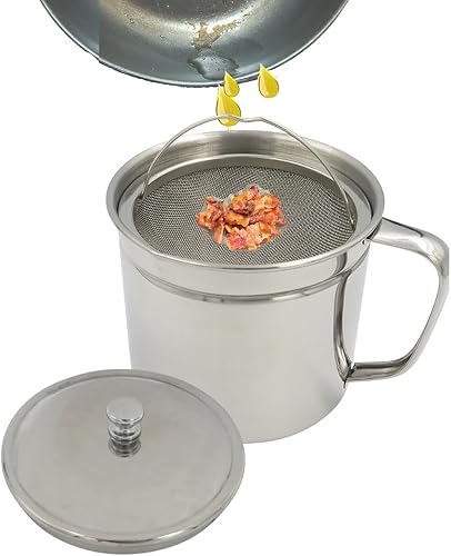 Evelots Recipiente de grasa de tocino con colador de malla fina, lata grande de aceite de cocina inoxidable de 5 tazas para almacenamiento de grasa
