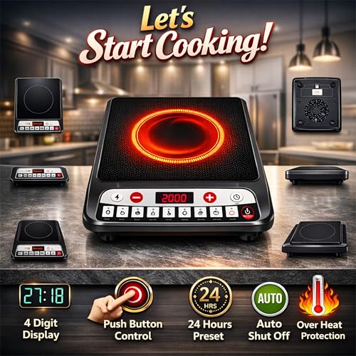 Image of 2000W Induction Cooktop with 4-Digit Display | Slide Touch Control | 9 Power Levels | Crystal Glass Top | 4-Hour Timer | Overheat Protection | Energy Efficient Portable Induction Cooker