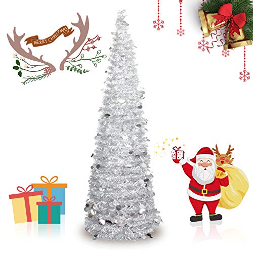 INCX 5ft Pop Up Christmas Tinsel Tree Xmas,Collapsible Christmas Tree with Stand for Indoor and Outdoor Holiday Home Display,Silver