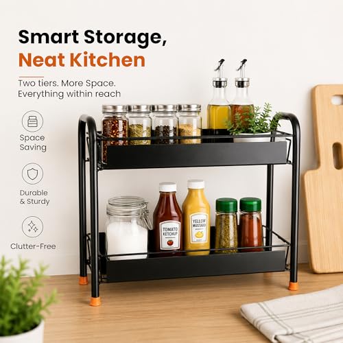 Image of Zepdos 2 Tier Kitchen Countertop Rack | Multipurpose Metal Storage Shelf for Spice Rack for kitchen, Bathroom & Pantry Organization | Space Saving Counter Rack Organizer, Black (40 x 20 x 33 cm)
