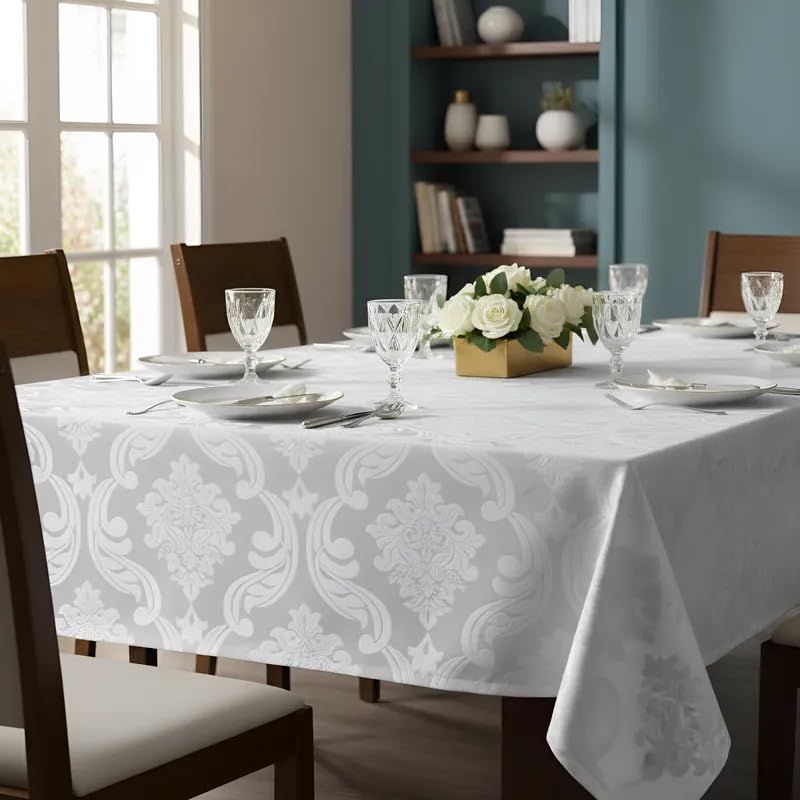 Toalha de Mesa em Jacquard Inglês Requinte Retangular (6 Lugares) (Branco)