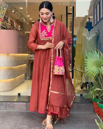 Image of GoSriKi Women's Rayon Viscose Embroidered Anarkali Kurta with Pant & Dupatta