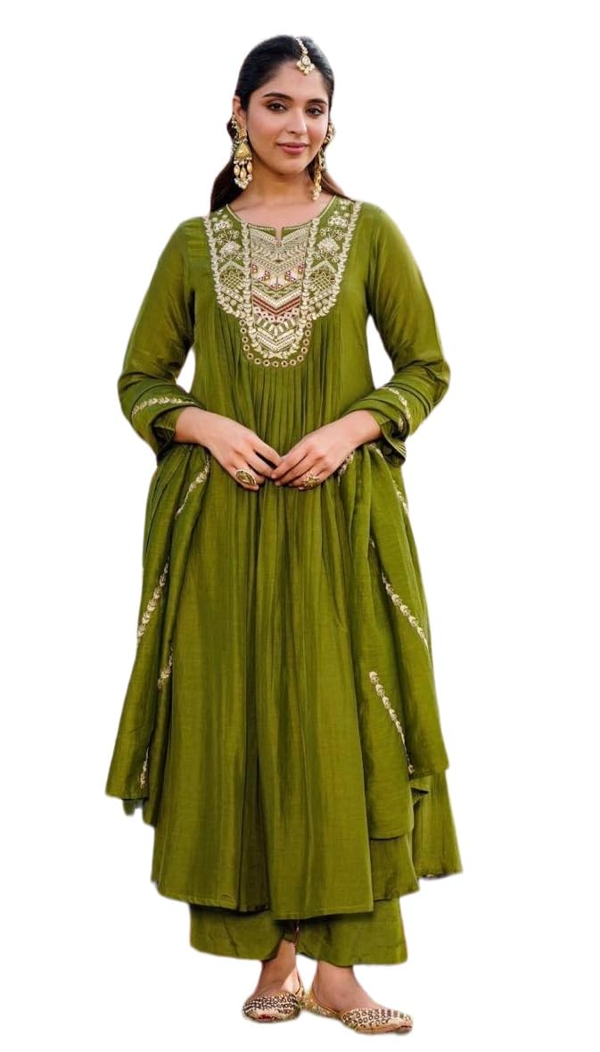 nermosa Women Embroidery Solid Anarkali Kurta and Pant Set with Dupatta-picture-17