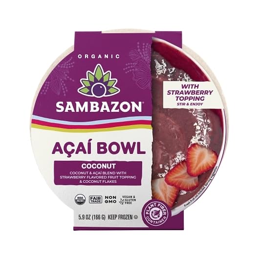 Sambazon Organic Açaí Bowl, Coconut Flavor with Strawberry Topping & Coconut Flakes, Ready to Eat, Thaw and Serve, 5.9 oz - 8 per case