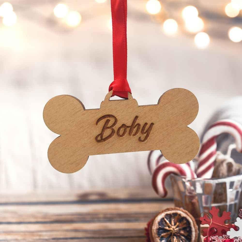 Bola de Navidad Personalizada con Nombre para Mascotas con Forma de Hueso. Regalo Original para Mascotas Personalizado. Adorno árbol de Navidad. Cordel Raso Rojo Incluido. (1)