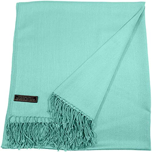 CJ Apparel Cyan Blue Green Solid Color Tassels Design Nepalese Shawl Seconds Scarf Wrap Stole Throw Head Wrap Pashmina Hand Made in Nepal New Pashmina New3