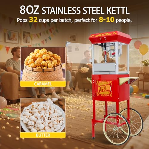 Image of 8 Oz Popcorn Machine Cart, 650 W, Popcorn Maker Machine with Stainless-Steel Kettle, Movie Theater Popcorn Machine with Steel Frame Tempered Glass Doors & Heated Warming Deck, Red
