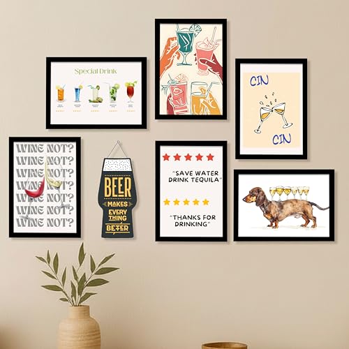 Image of PAINTINGMANTRA Bar Retro Theme Kitchen & Restaurant Framed Wall Art Painting Modern Bar Painting with Frame Wall Decor for Kitchen, Restaurant, Bar, Home, Set of 7 (1 MDF wall Hanging), 9x13 Inch