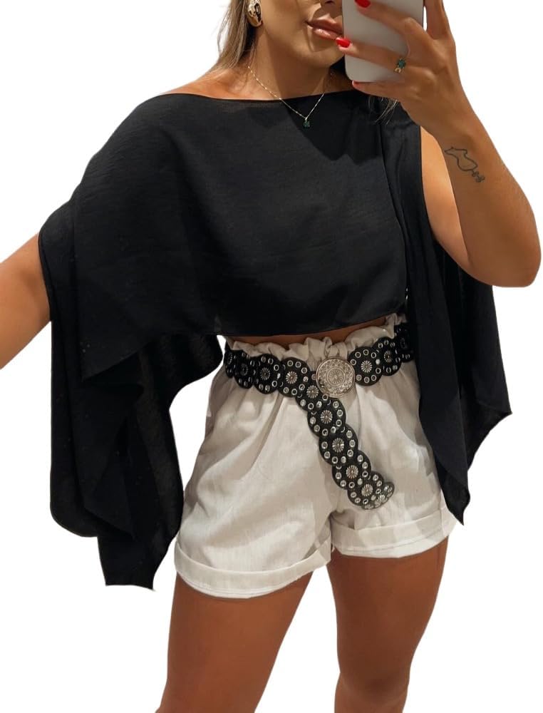 CHICME Womens Off The Shoulder Flowy Tops Casual Batwing Slit Sleeve Blouse Loose Shirt with Bandeau Top