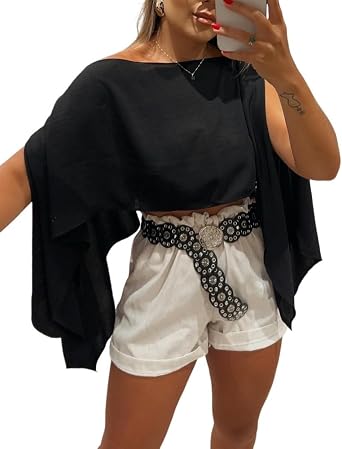 CHICME Womens Off The Shoulder Flowy Tops Casual Batwing Slit Sleeve Blouse Loose Shirt with Bandeau Top
