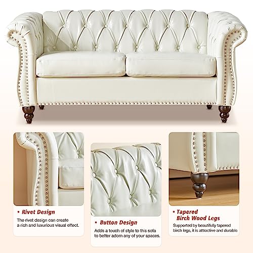Image of ORRD Loveseat Sofa, Chesterfield Modern Faux Leather Sofa Tufted Couch 2 Seater with Rolled Arms and Nailhead for Living Room, Bedroom, Office, Apartment (White)