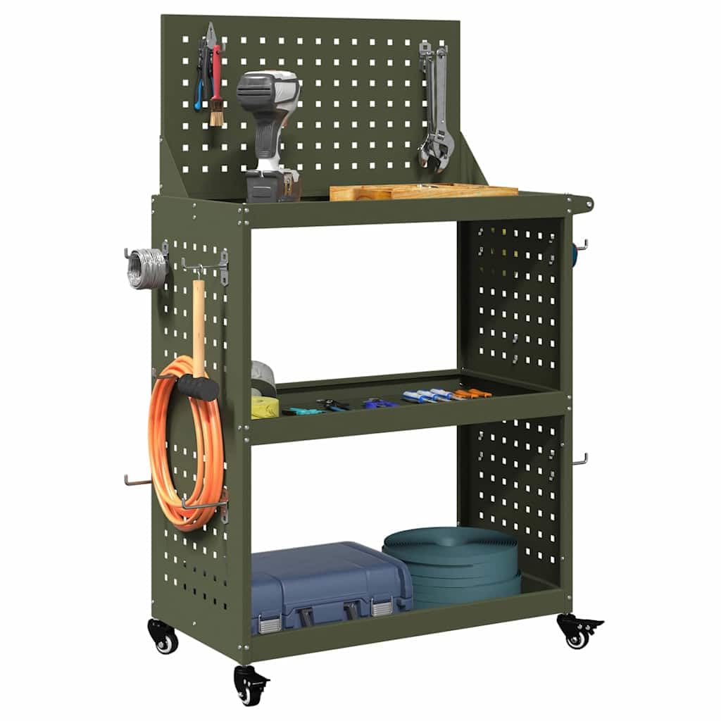 Carrello portautensili verde oliva 65x35x111cm in acciaio laminato a freddo con 3 ripiani, 12 ganci, ruote bloccabili, ideale per officina, garage, sala hobby, mobile e salvaspazio