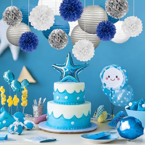 Image of 18 PCS Blue White Silver Paper Lanterns & Tissue Paper Pom Poms for Men's Birthday, Graduation 2026, Wedding, Hanging Paper Decor for Indoor Outdoor Events Theme Party Supplies
