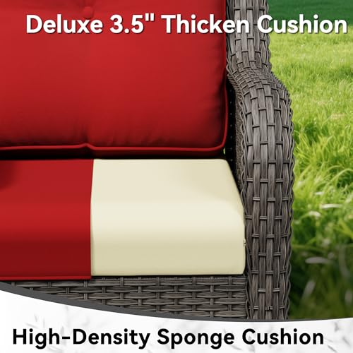 Image of Patio Rocking Chairs Set of 2, Outdoor Wicker Patio Furniture Set 2 Pieces with Thickened Olefin Cushions, High Back and Deep Seating, Hand-Woven PE Rattan for Porch, Deck, Red