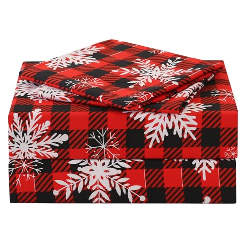 Image of JSD Red Buffalo Plaid Snowflakes Christmas Sheet Set Full Size | 4 Piece Soft Microfiber Sheets, 16 in Extra Deep Pocket, OEKO-TEX Certified, Easy Care