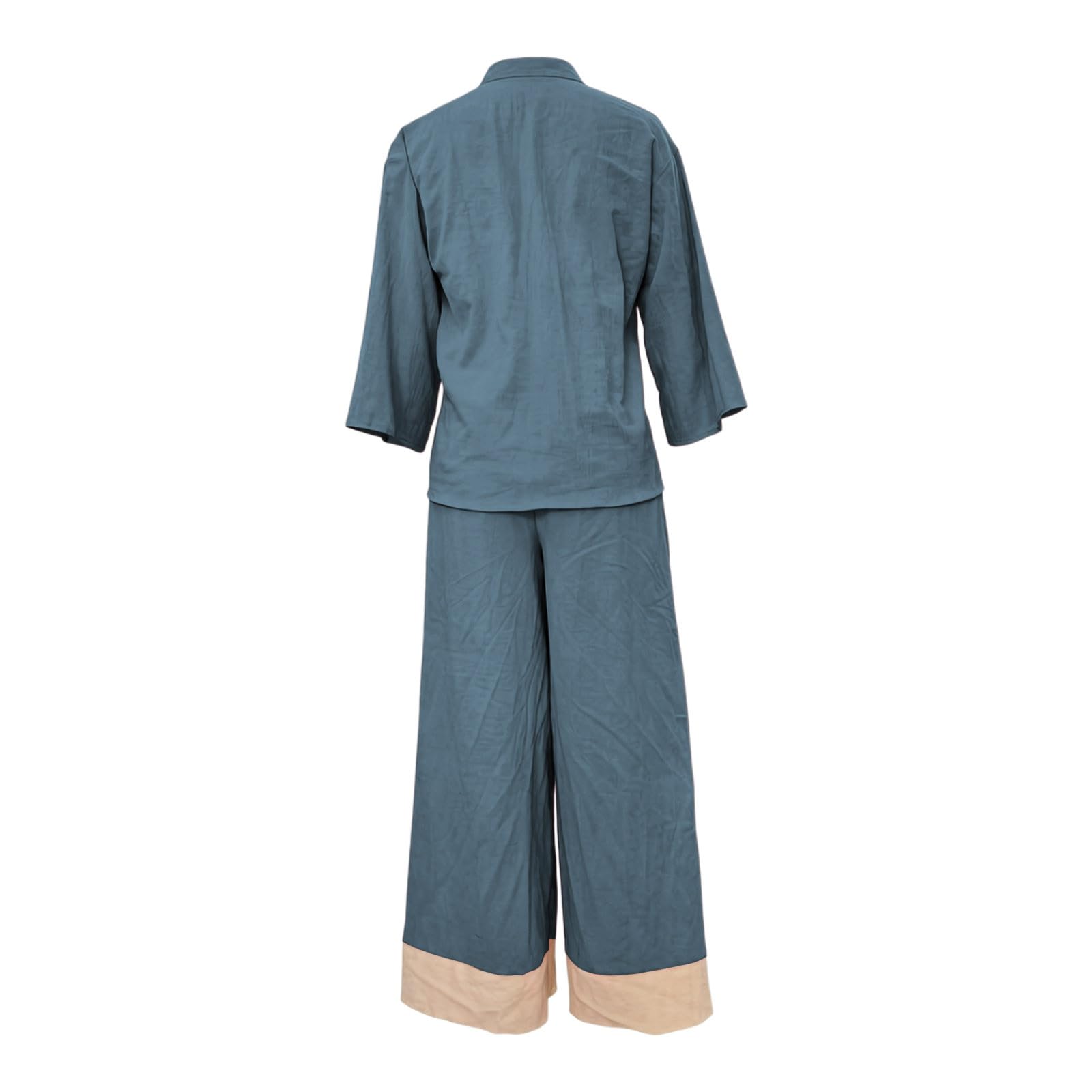 Generisch Damen Sommeroutfit mit französischem Kragen Bluse weiter Hose – leichtes atmungsaktives Set für Reise Büro Freizeit Alltag Date Shopping (Blue, S)