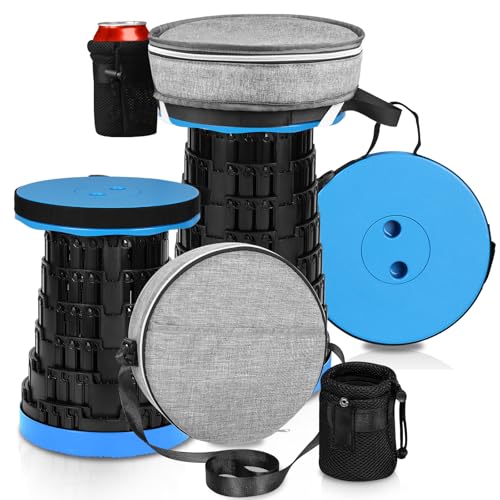 Aukivon Upgraded Collapsible Stool with Load Capacity 600lbs, Stable Folding Stool with Triple Slide, Portable Camping Chair 3-in-1 Carry Bag, Retractable Telescoping Seat for Travel Hiking(Blue)