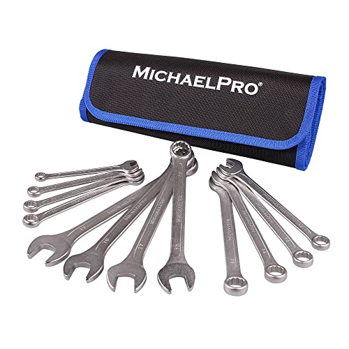 MichaelPro MP001091 12-Piece Combination Spanner Set, Spanner Sets, Spanners & Wrenches, Metric Spanner Set, Size: 8,10,11,12,13,14,15,16,17,18,19mm, 13-Degree Angled Socket with Rolling Bag