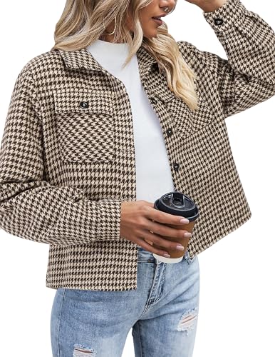 Image of Zeagoo Women Jacket Cropped Flannel Plaid Button Down Shirt Fashion Brown Houndstooth Cozy Shackets Coat