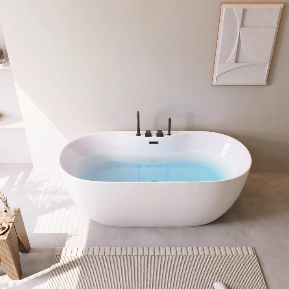 HOME DELUXE - Vasca da bagno autoportante – LENI – Bianco, con rubinetto nero – Dimensioni: circa 170 x 80 x 58 cm – Capacità: 235 litri, con protezione anti-troppopieno, sifone e chiusura I Spa, per