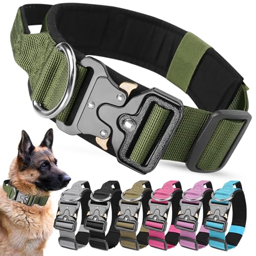 AKOFIC, Collare per Cani Militare in Nylon con Fibbia in Metallo, Imbottito Collare per Cani di Taglia Media e Grande Addestramento(verde militare, L)