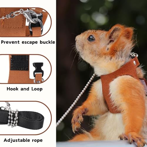 Image of 3 Pack Squirrel Harness and Leash Set - Adjustable Soft Leather & Traction Rope Strap Anti-Biting Chainfor Small Pet Walk Jogging Bearded Dragon Reptile Squirrel Rat