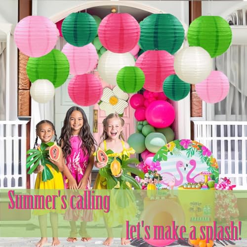 Image of Pink Green Paper Lanterns Decorative 15pcs Party Hanging Decorations for Party Birthday Bachelorette Wedding Birthday Baby Shower Summer Themed Party Anniversary Green Pink White Room Decor