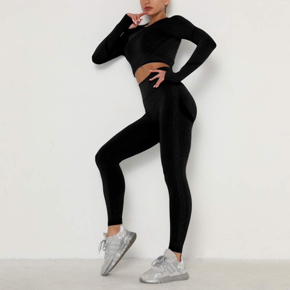 2 szt. zestaw damski joga fitness odzież sportowa bezszwowa fitness krótki biustonosz legginsy siłownia strój do biegania dres, Czarny, M