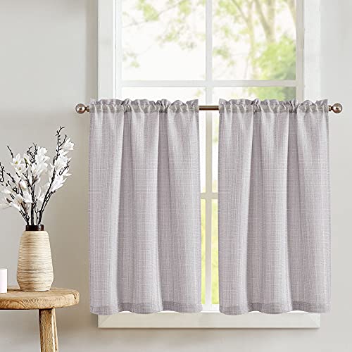 TOPICK Grey Kitchen Curtains 36 Inch Drop Small Cafe Curtains Linen Textured Light Filtering Curtain Tiers for Bathroom Sink Rod Pocket 2 Panels