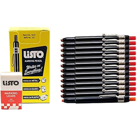 Listo 1620 and 162 Marking Pencils Kit, Color: Red, 12 Pencils, 72 Refill Leads - Grease Pencils/China Marking Pencils/Wax Pencils. 1 x Orange Pencil Included. (12-Pencils, 72-Refills, Red) Cover