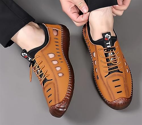 Lace-up Hollow Out Business Loafers for Men's Round top Low Top Leather Casual Sandal Shoes Slip On Flat Heel Soft Sole Oxfords (Color : Brown, Size : 10 US)2