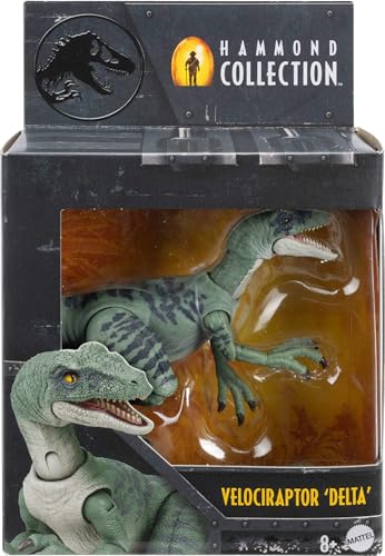 Image of Mattel Jurassic World Hammond Collection Dinosaur Toy, Velociraptor Delta Action Figure with Glass Eyes, Wired Tail & 14 Articulations, Movie Collectible with Premium Design