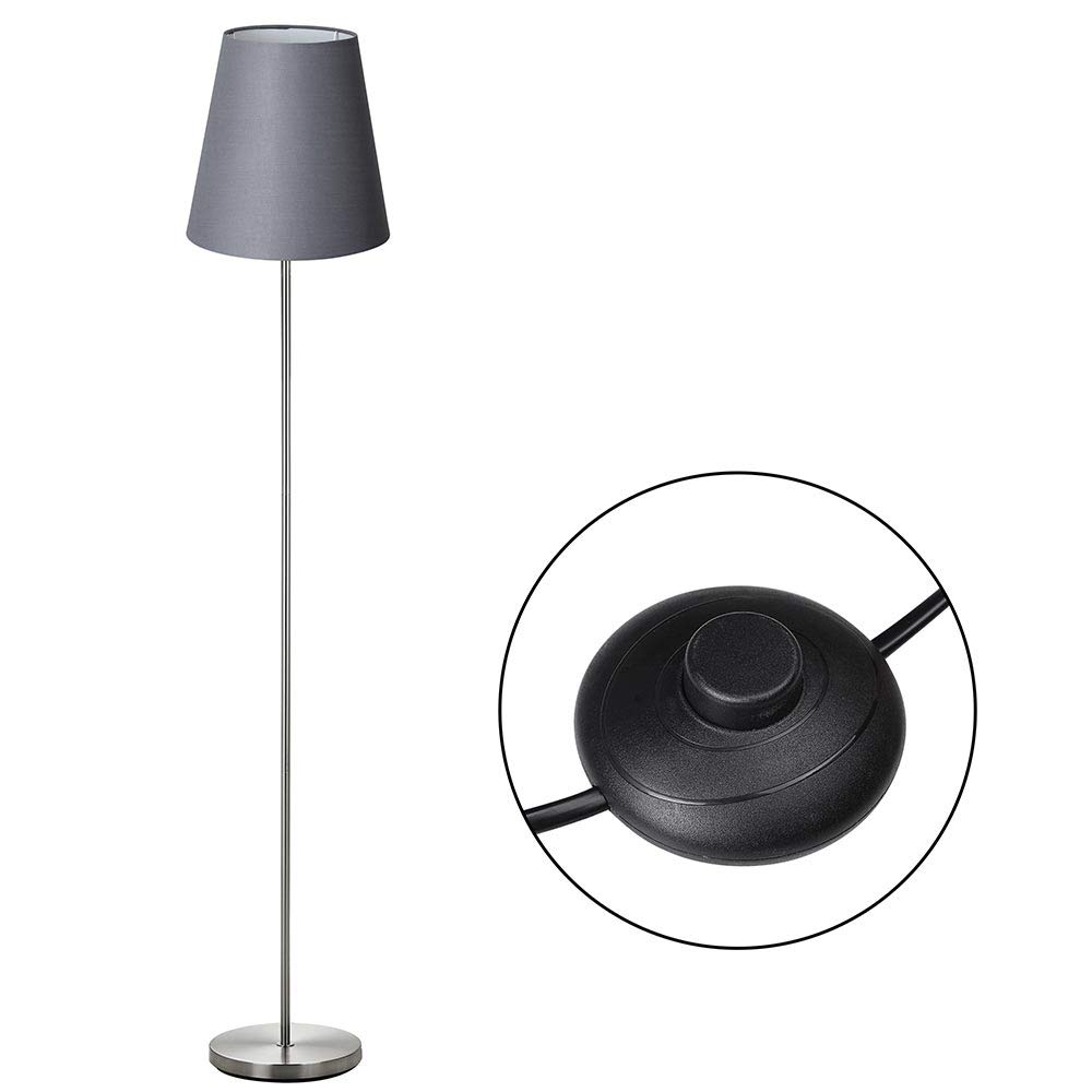 BAKAJI Lámpara de pie de suelo luz bombilla E27 Max 60 W base redonda de metal cromado pantalla de tela diseño moderno encendido a pedal altura 150 cm (gris)