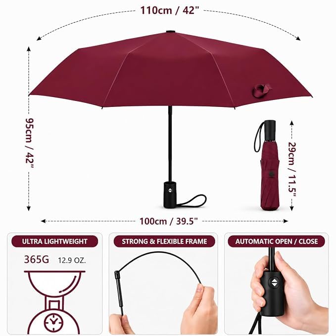 Image of Auto Open Umbrella with Carabiner Hook Handle - 3 Fold Compact Travel Umbrella for Men & Women | Double Fibreglass Wind Resistant Frame | UV Coated Sun & Rain Protection