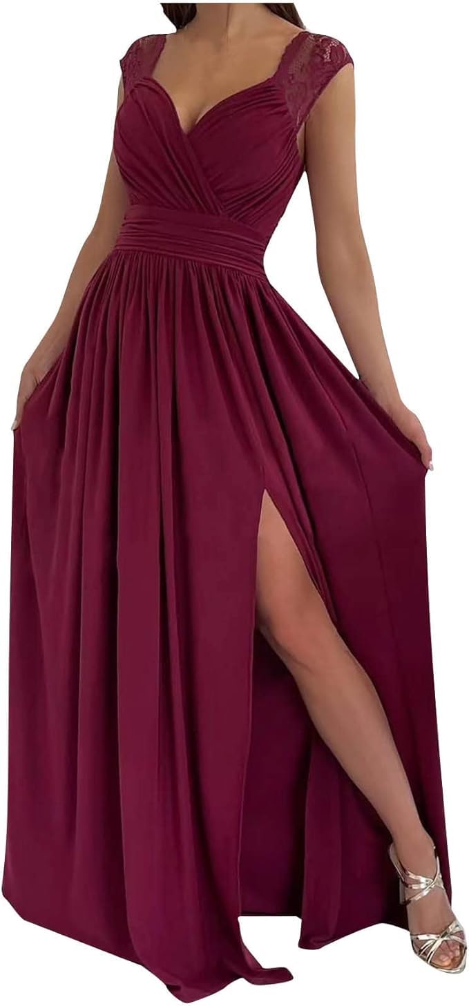 Vestido largo formal para mujer, cuello en V, fruncido, sin mangas, elegante, para dama de honor, boda, invitada