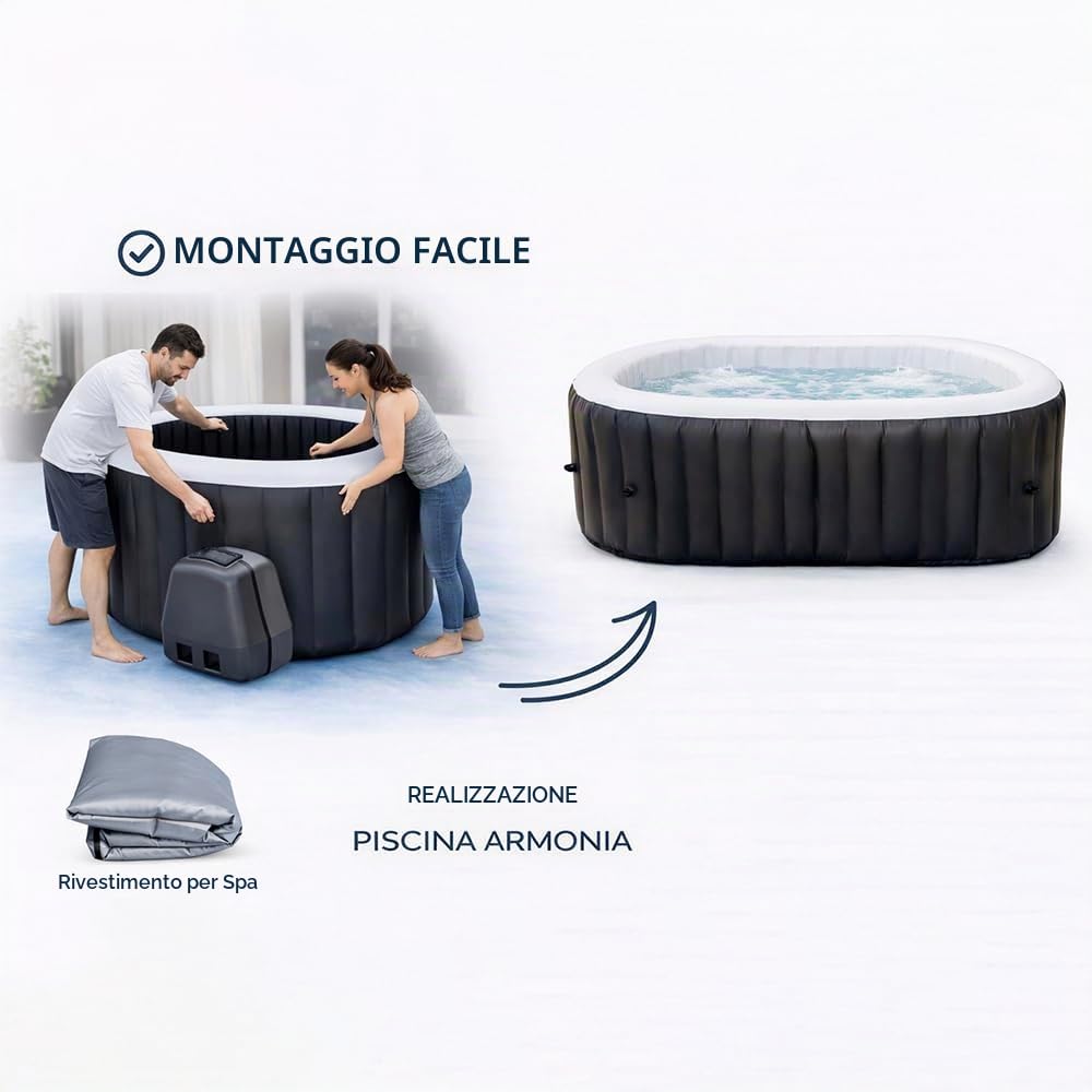 Piscina Idromassaggio Quadrata ARMONIA 4 Posti | Spa Gonfiabile con Riscaldamento, Sistema Filtrazione e Copertura con Accessori Inclusi