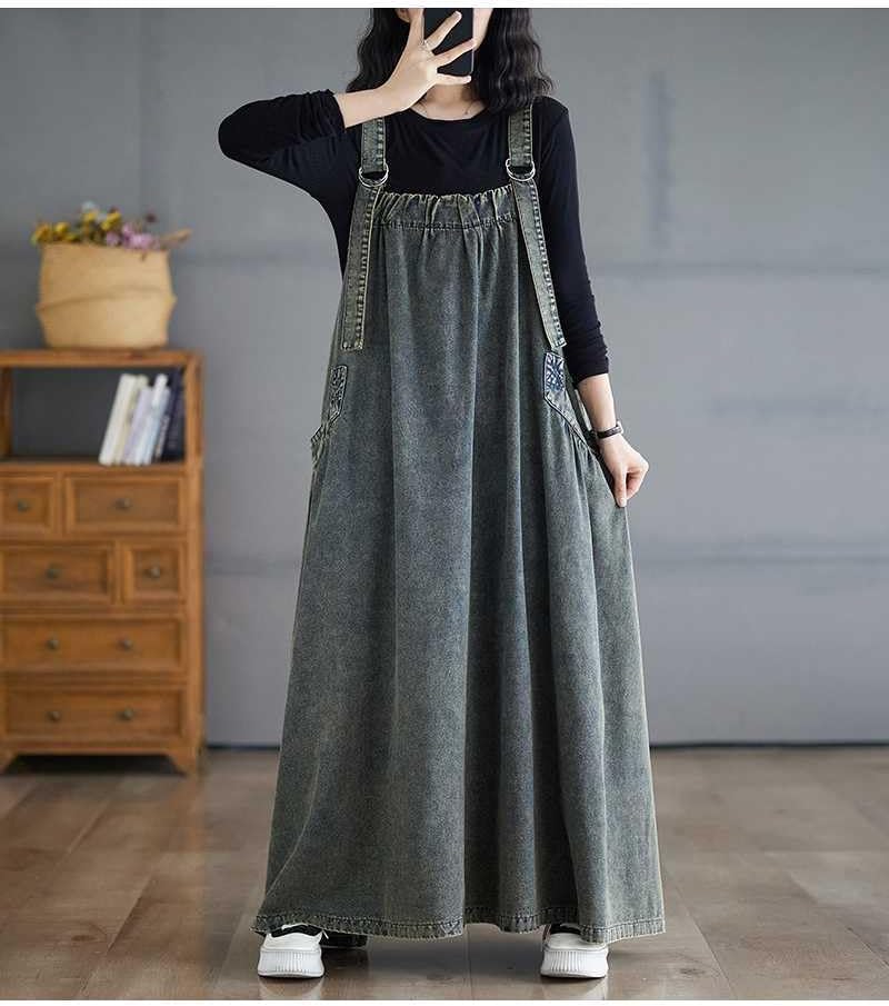 Boho Jumper Dress for Women Loose Overall Pinafore Dresses Adjustable Straps Wide Hemline with Pockets Baggy Style - Image 2