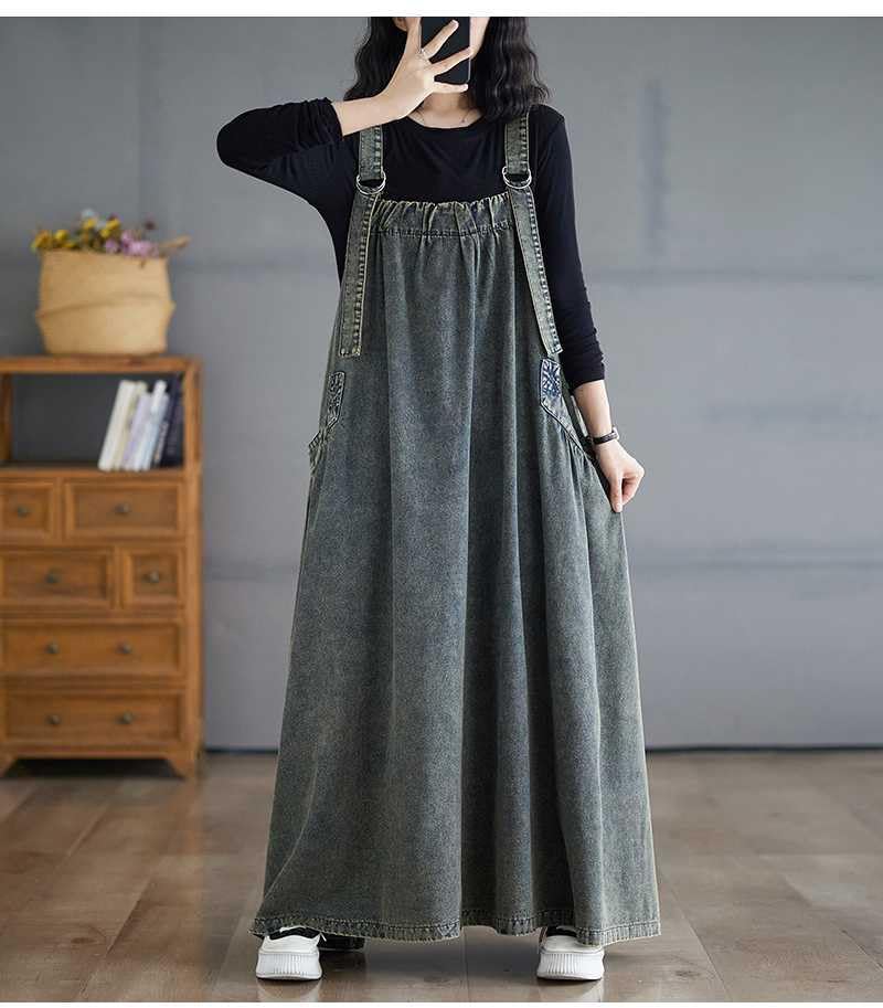 Image of Boho Jumper Dress for Women Loose Overall Pinafore Dresses Adjustable Straps Wide Hemline with Pockets Baggy Style