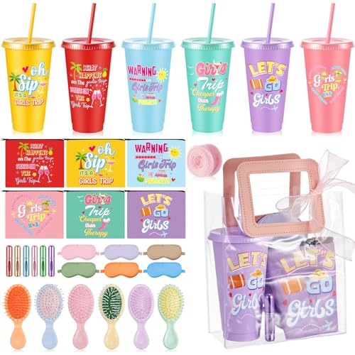 LemonRoad 6 Set/37 Pcs Girls Trip Gifts Plastic Tumbler Cup, Girl Weekend Gift Eye Masks Perfume Travel Bottle Cosmetic Bag Combs for Women Travel Friendship Wedding Bachelorette Party(Bright Color)