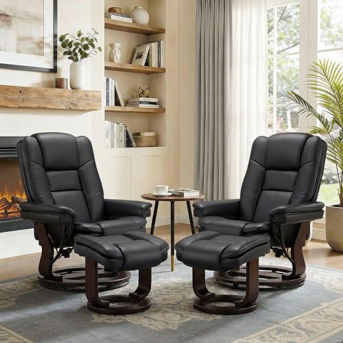 Image of Swivel Recliner Chair with Ottoman Reclining Lounge Sofa Footrest, Set of 2 | 360Sturdy Wood Base, Soft PU Leather, Upholstered Ultra-Plush Foam, Modern Armchair, Living Room Bedroom Office Reading Home