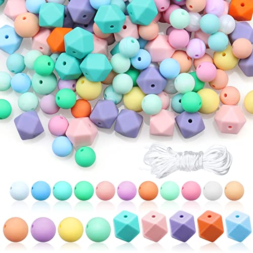 Image of 101 PCS Silicone Loose Beads for Keychain Making Round Rubber Polygonal Colorful Pearl Beads with Rope for DIY Necklace Bracelet Jewelry Crafts