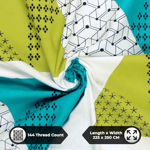 Image of Story@Home 144 TC Cotton Queen Size Bedsheet 88 x 100 Inche Geometric Printed Soft Flat Sheet with 2 Pillow Covers 18 x 28 Inch -Green & Blue