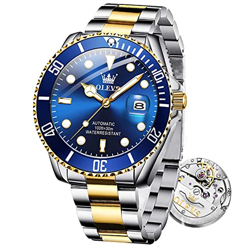 OLEVS Automatic Men's Mechanical Watch - Stainless Steel with Big Dial, Calendar, Waterproof, Luminous, Rotatable Bezel, Gold Silver Strap Blue Dial, Round, Business