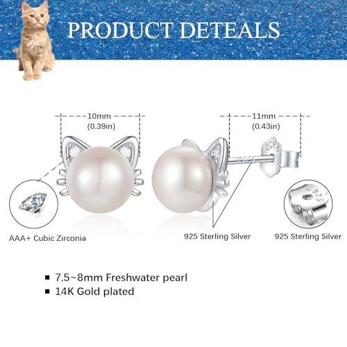 925 Sterling Silver Freshwater Pearl Cat Stud Earrings for Women, Cat CZ Studs Hypoallergenic Jewelry Gift2