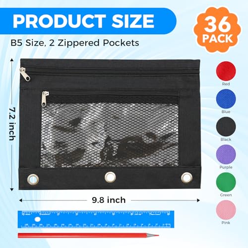 Image of 36Pcs Pencil Pouch for 3 Ring Binder - Pen Case 3 Hole Pencil Pouch Zipper Bag Holder Bulk Accessories Clear Window Aesthetic Organizer Pockets